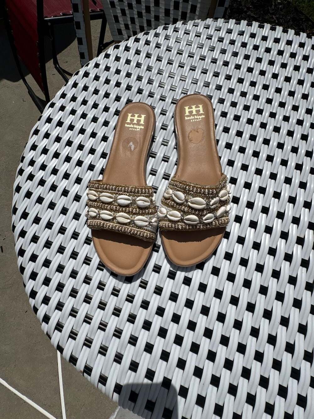 Haute Hippie Beaded Slide Sandals with Shell Accents, Size 10